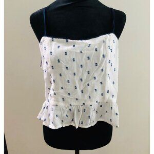 B.O.G Collective White & Navy Spaghetti Strap  Peplum Top‎ Large Polka Dot NWT